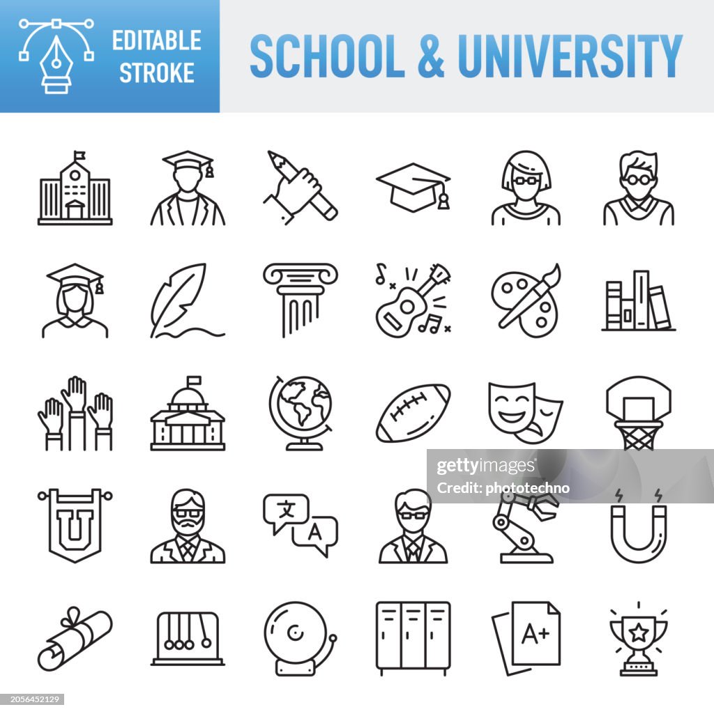 School & University - Thin line vector icon set. Pixel perfect. Editable stroke. For Mobile and Web. The set contains icons: Education, Learning, University, Studying, Student, Teaching, Education Training Class, Wisdom, Book, Science, Graduation, Diploma