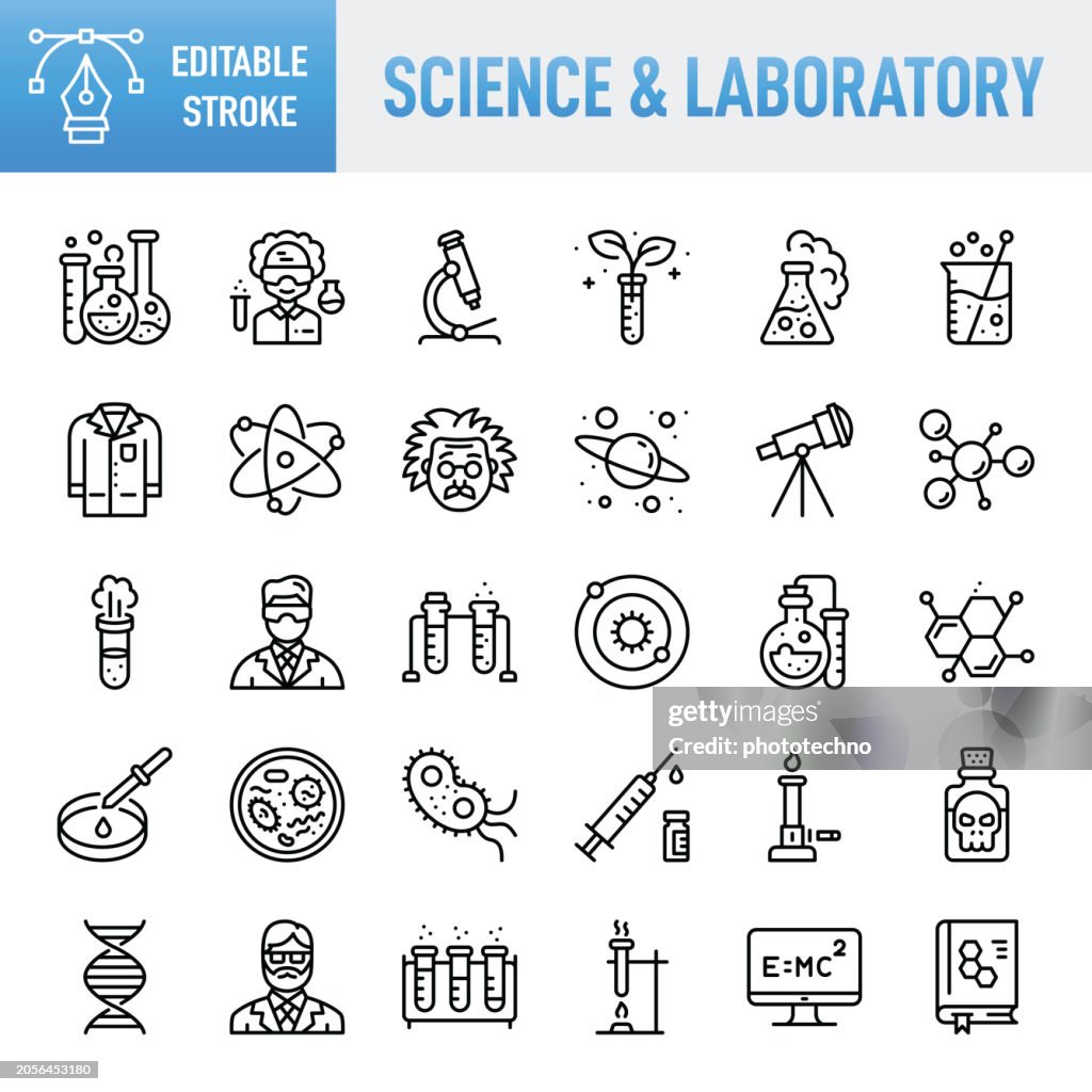 Science & Laboratory- Thin line vector icon set. Pixel perfect. Editable stroke. For Mobile and Web. The set contains icons: Education, Learning, Science, Laboratory, Laboratory Flask, Laboratory Glassware, Laboratory Equipment, Lab Coat, Beaker