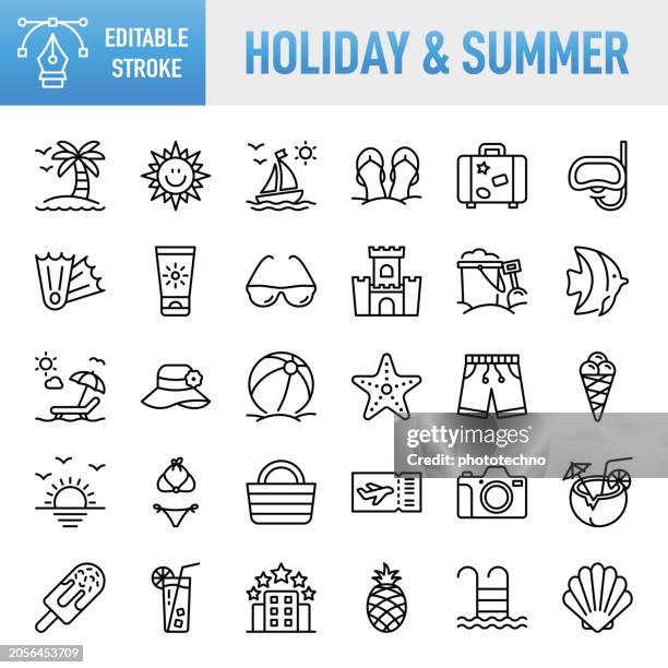 ilustraciones, imágenes clip art, dibujos animados e iconos de stock de vacaciones y verano: conjunto de iconos vectoriales de línea fina. píxel perfecto. trazo editable. para móvil y web. el conjunto contiene iconos: vacaciones, viajes, hotel, playa, turismo, palmera, árbol tropical, sol, gafas de sol, puesta de sol, luz - caracola concha de mar