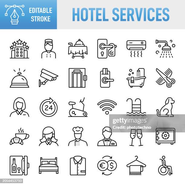 stockillustraties, clipart, cartoons en iconen met hotel services- thin line vector icon set. pixel perfect. editable stroke. for mobile and web. the set contains icons: hotel, suitcase, shower, bed - furniture, bathtub, hotel reception, hotel occupation, luxury hotel, hotel room, service, room service - hotelreceptie