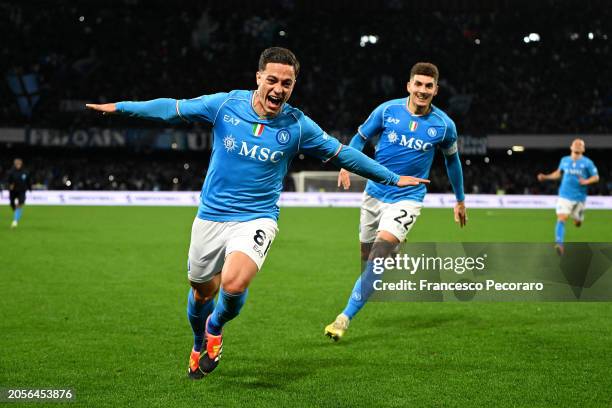 Giacomo Raspadori of SSC Napoli celebrates scoring his team's second goal during the Serie A TIM match between SSC Napoli and Juventus at Stadio...