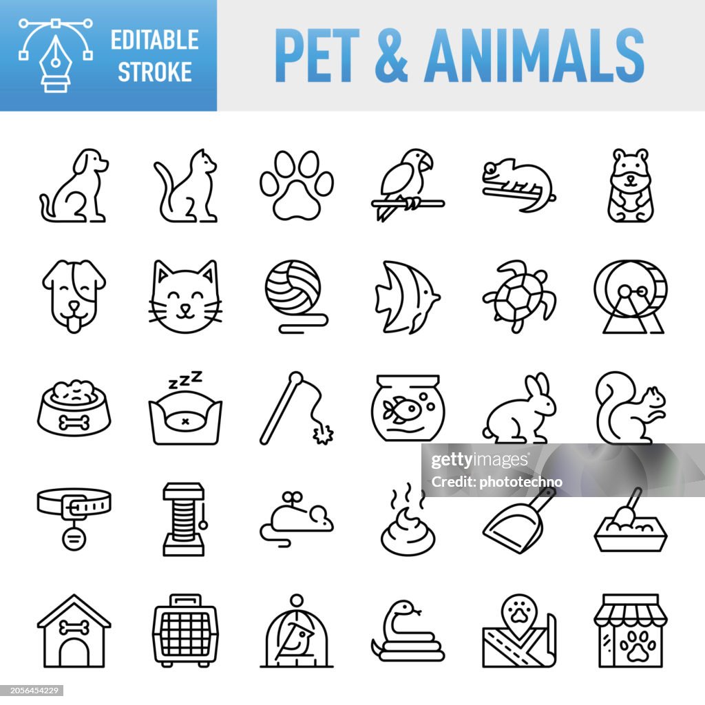 Haustier & Tier - Dünner Linien-Vektor-Icon-Set. Pixelgenau. Bearbeitbarer Strich. Für Mobilgeräte und Web. Das Set enthält Symbole: Haustiere, Streicheleinheiten, Hund, Hauskatze, Tierthemen, Tier, Kaninchen - Tier, Tiernahrung, Fisch, Knochen, Tierko