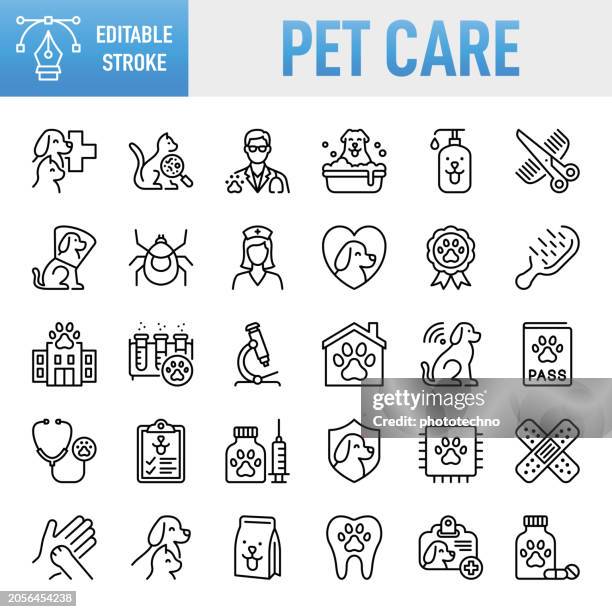 pet care - thin line vector icon set. pixel perfect. editable stroke. for mobile and web. the set contains icons: veterinarian, healthcare and medicine, medicine, insurance, grooming - animal behavior, animal hospital, animal welfare, care, vaccination - animal welfare stock illustrations