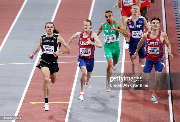 Geordie Beamish of Team New Zealand approaches the finish line to win the Men's 1500 Metres Final on Day Three of the World Athletics Indoor...