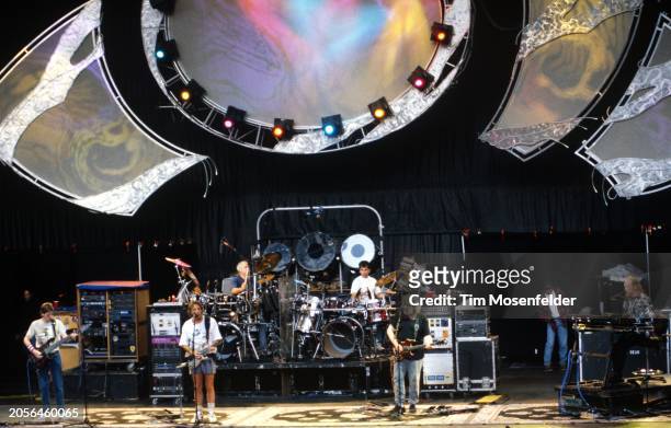 Phil Lesh, Bob Weir, Mickey Hart, Billy Kreutzmann, Jerry Garcia, and Vince Welnick of the Grateful Dead perform at Shoreline Amphitheatre on July 2,...