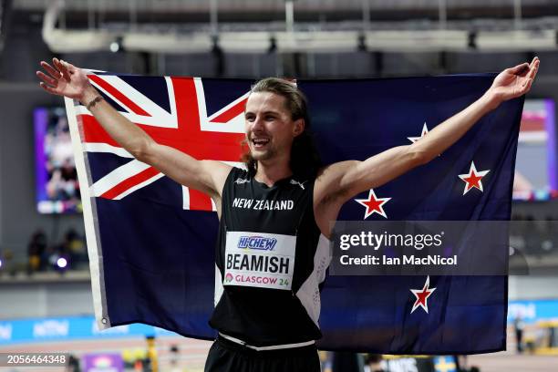 Gold medalist Geordie Beamish of Team New Zealand celebrates after winning in the Men's 1500 Metres Final on Day Three of the World Athletics Indoor...