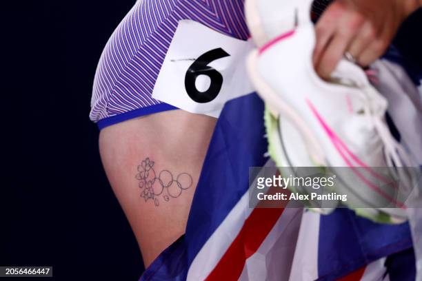 Detailed view of a tattoo on the right arm of silver medalist Jemma Reekie of Team Great Britain after the Women's 800 Metres Final on Day Three of...