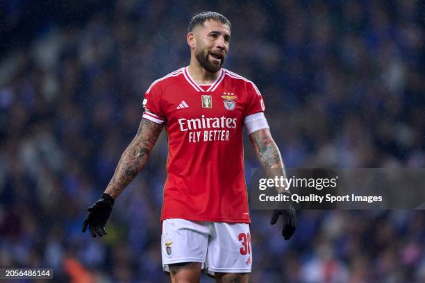 Nicolas Otamendi of SL Benfica reacts during the Liga Portugal Betclic match between FC Porto and SL Benfica at Estadio do Dragao on March 03, 2024...