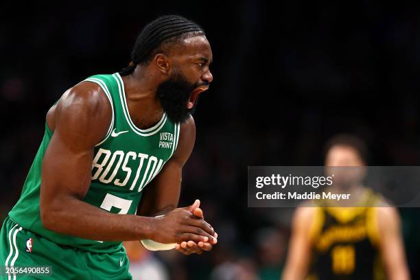 Jaylen Brown of the Boston Celtics celebrates during the second quarter against the Golden State Warriors at TD Garden on March 03, 2024 in Boston,...