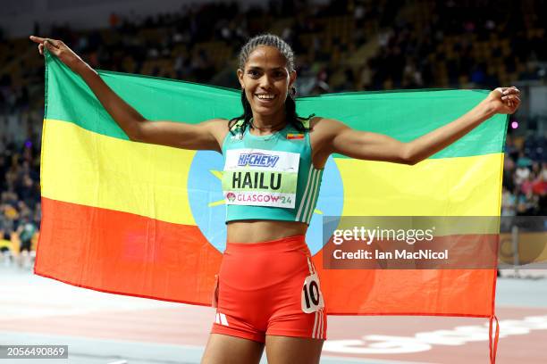 Gold medalist Freweyni Hailu of Team Ethiopia poses for a photo after winning in the Women's 1500 Metres Final on Day Three of the World Athletics...