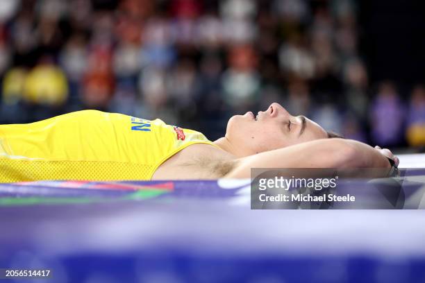 Gold medalist Armand Duplantis of Team Sweden reacts after winning in the Men's Pole Vault Final on Day Three of the World Athletics Indoor...