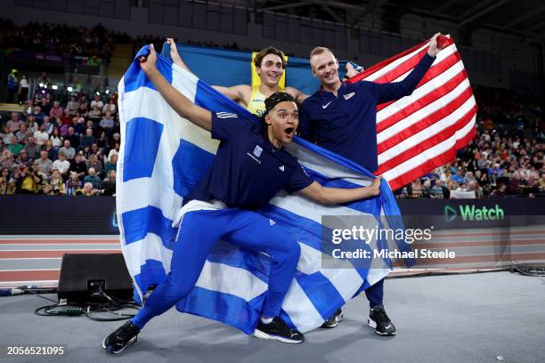 Bronze medalist Emmanouil Karalis of Team Greece, gold medalist Armand Duplantis of Team Sweden and silver medalist Sam Kendricks of Team United...