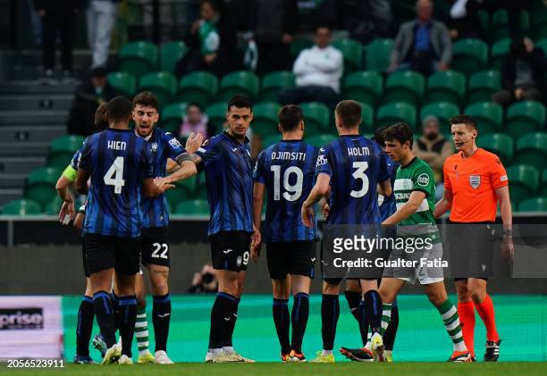 Gianluca Scamacca of Atalanta BC celebrates with teammates after scoring a goal during the Round of 16 First Leg - UEFA Europa League 2023/24 match...