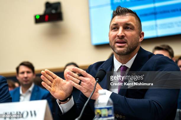 Tim Tebow testifies before the House Judiciary Subcommittee on Crime and Federal Government Surveillance on Capitol Hill on March, 6 2024 in...