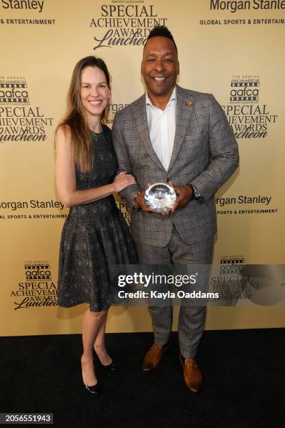 Hilary Swank and Deon Taylor, winner of the Horizon Award, attend the AAFCA Special Achievement Honorees Luncheon at The Los Angeles Athletic Club on...