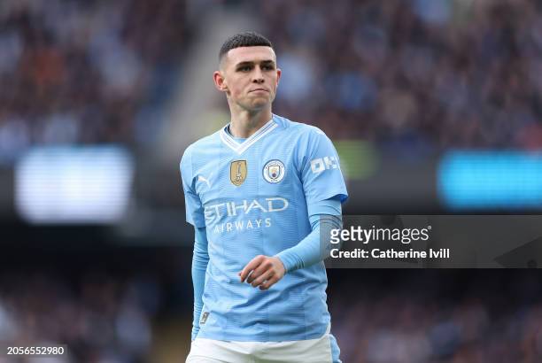 Phil Foden of Manchester City during the Premier League match between Manchester City and Manchester United at Etihad Stadium on March 03, 2024 in...