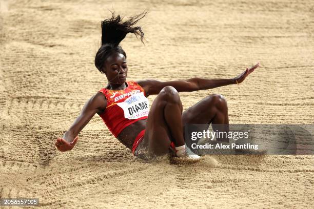 Fatima Diame of Spain competes in the Wome's Long Jump Final during day three of the World Athletics Indoor Championships at Emirates Arena on March...