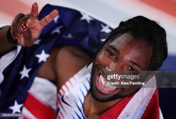 Silver medalist Noah Lyles of Team United States poses for a photo after the Men's 4x400 Metres Relay Final on Day Three of the World Athletics...