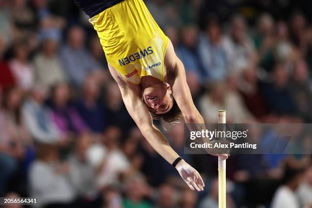 Armand Duplantis of Team Sweden competes in the Men's Pole Vault Final on Day Three of the World Athletics Indoor Championships Glasgow 2024 at...