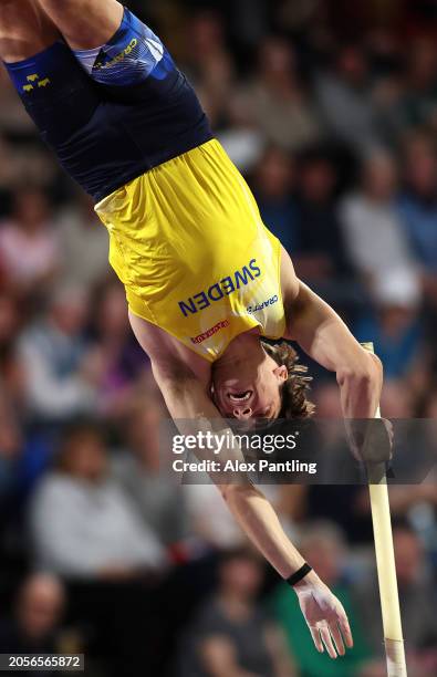 Armand Duplantis of Team Sweden competes in the Men's Pole Vault Final on Day Three of the World Athletics Indoor Championships Glasgow 2024 at...