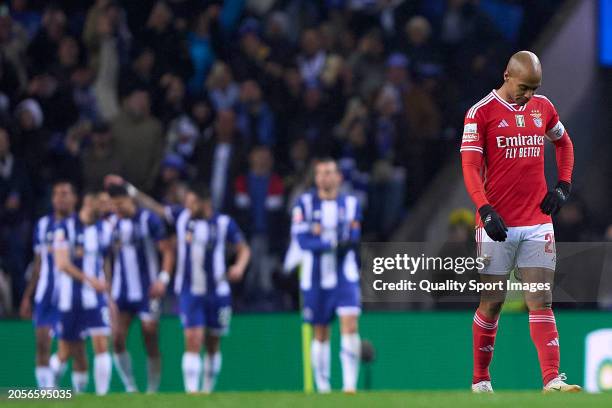 Joao Mario of SL Benfica reacts after Eduardo Gabriel Aquino Cossa 'Pepe' of FC Porto scores his team's fourth goal during the Liga Portugal Betclic...