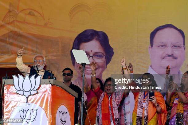 Prime Minister Narendra Modi addresses during Narishakti Vandana Rally organised by Bharatiya Janata Party and Bharatiya Janata Mohila Morcha at...