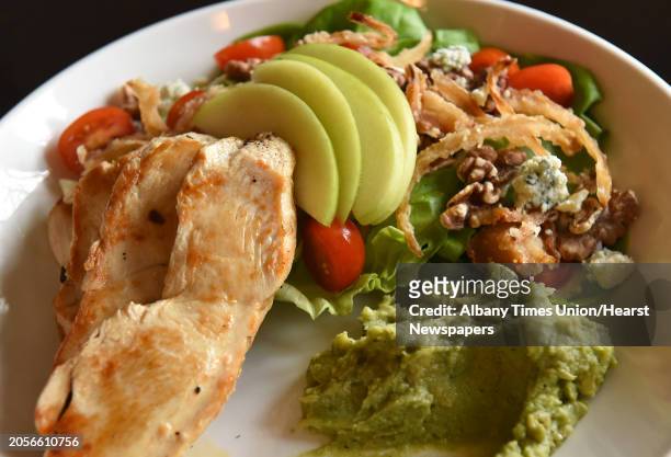 Brick chicken wedge salad - soft butter lettuce, sliced chicken breast, blue cheese, toasted walnuts, Granny Smith apples, spiced honey, avocado,...