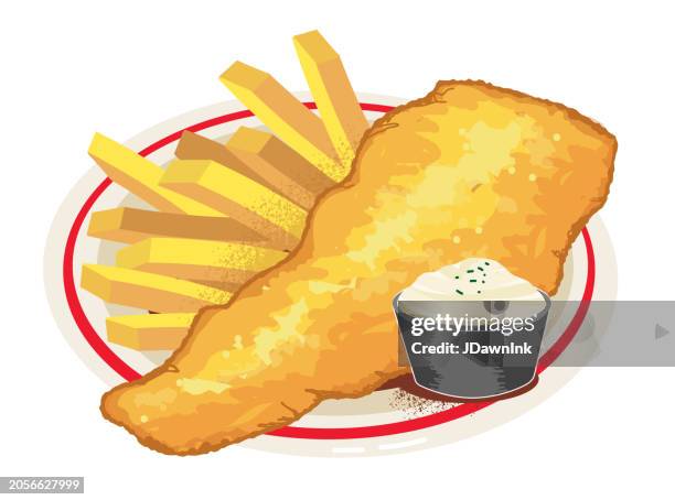 fish and chips mit pommes frites und remoulade auf weißem hintergrund - frittiert stock-grafiken, -clipart, -cartoons und -symbole