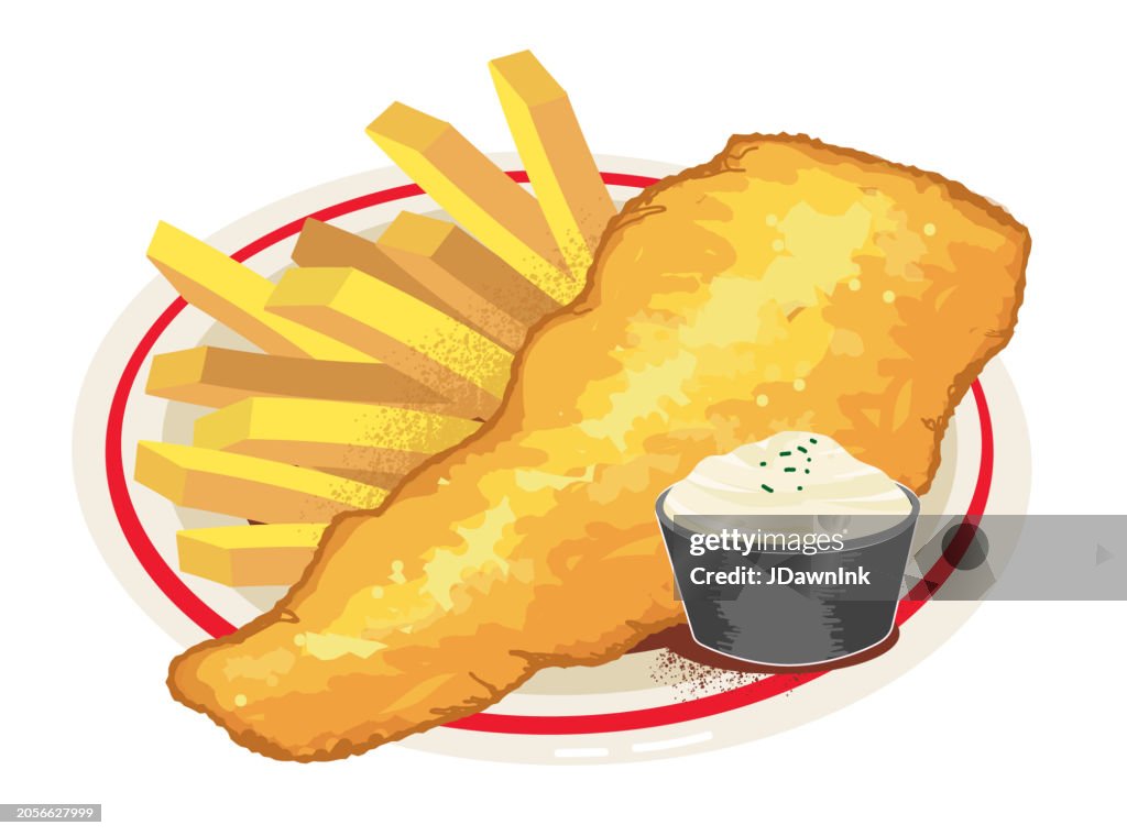 Fish and chips with French fries and tartar sauce on white background