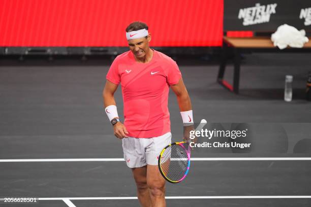 Rafael Nadal in action during The Netflix Slam at Michelob ULTRA Arena on March 03, 2024 in Las Vegas, Nevada.