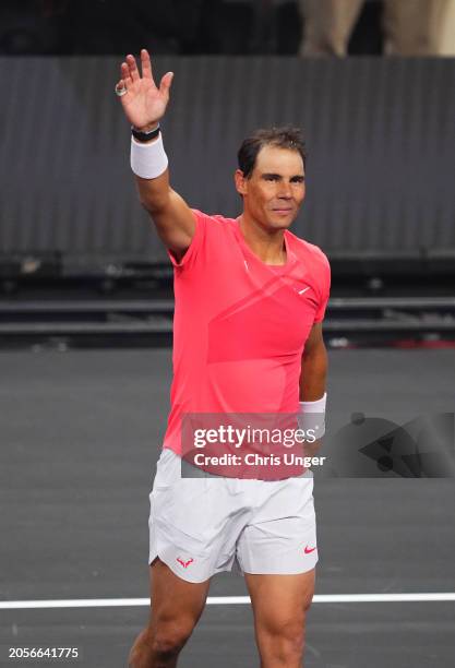 Rafael Nadal in action during The Netflix Slam at Michelob ULTRA Arena on March 03, 2024 in Las Vegas, Nevada.