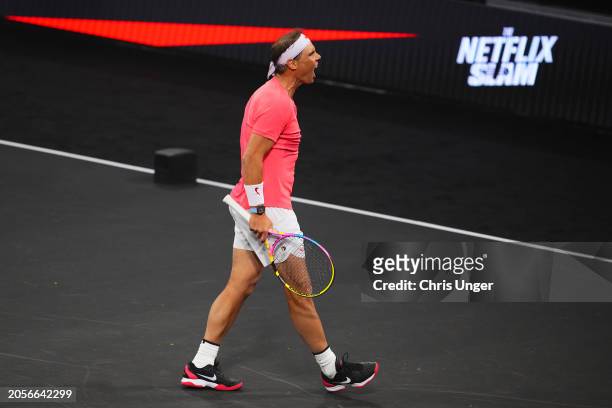 Rafael Nadal in action during The Netflix Slam at Michelob ULTRA Arena on March 03, 2024 in Las Vegas, Nevada.