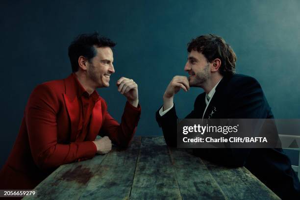 Actors Andrew Scott and Paul Mescal are photographed backstage at the 2024 EE BAFTA Film Awards, held at The Royal Festival Hall on February 18, 2024...