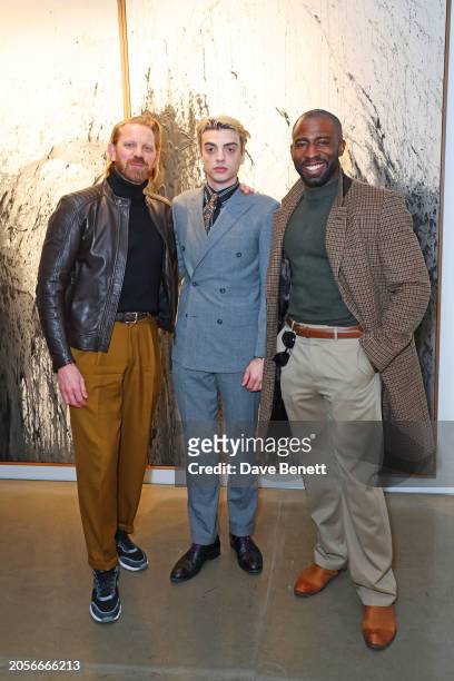 Alistair Guy, Sascha Bailey and Mark Ebulue attend an exclusive preview of "Spark of Fire" by Santiago Parra at JD Malat Gallery on March 6, 2024 in...