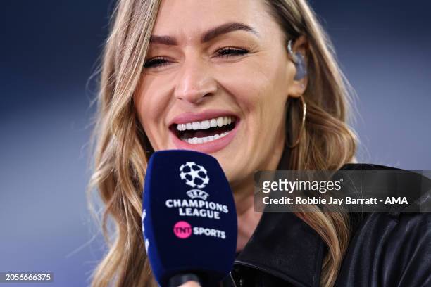 Laura Woods, presenter for TNT Sports ahead of the UEFA Champions League 2023/24 round of 16 second leg match between Manchester City and F.C....