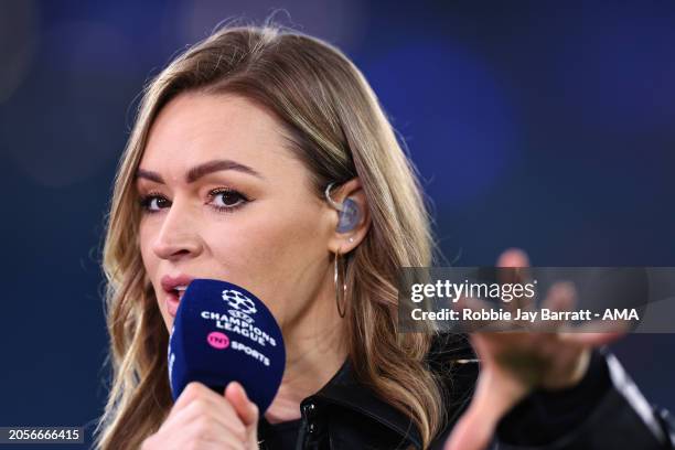 Laura Woods, presenter for TNT Sports ahead of the UEFA Champions League 2023/24 round of 16 second leg match between Manchester City and F.C....