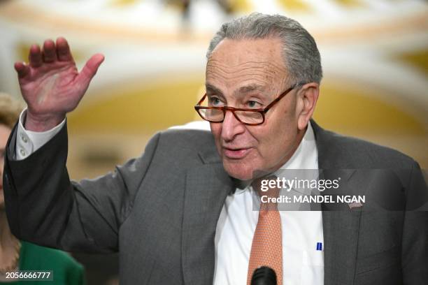 Senate Majority Leader Chuck Schumer, Democrat of New York, speaks to the press after the Democratic weekly luncheon at the US Capitol in Washington,...