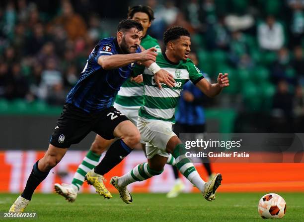 Marcus Edwards of Sporting CP with Sead Kolasinac of Atalanta BC in action during the Round of 16 First Leg - UEFA Europa League 2023/24 match...