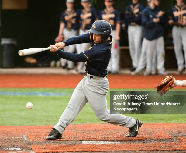 Averill Park's Nick Maggio hits a grounder for an out at first during a baseball game against Amsterdam on Tuesday, May 7, 2019 in Amsterdam, N.Y.