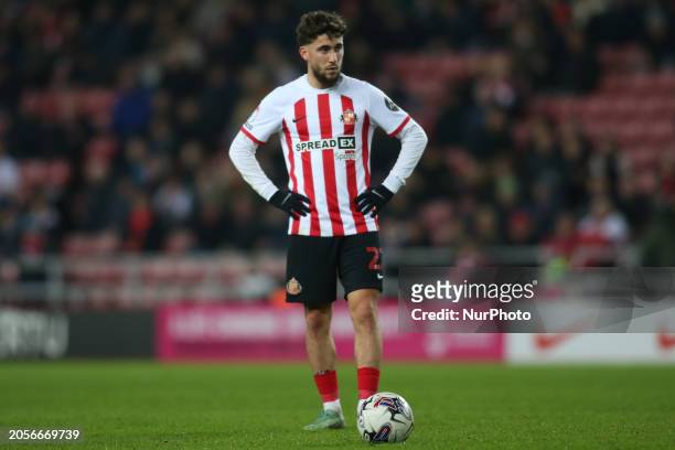 Adil Aouchiche of Sunderland is playing in the Sky Bet Championship match against Leicester City at the Stadium of Light in Sunderland, England, on...