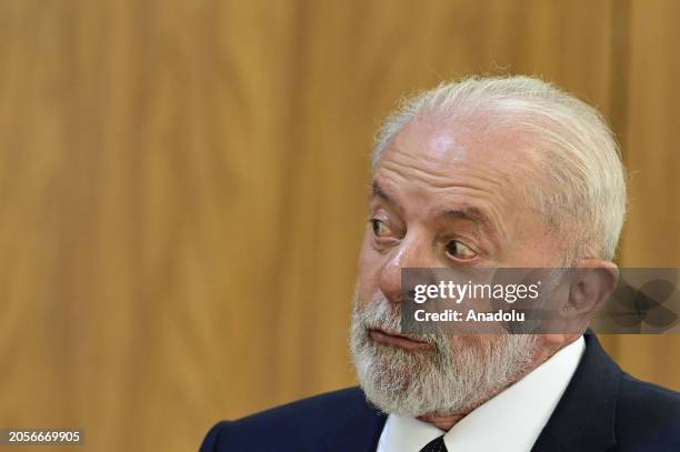 Brazil's President Luiz Inacio Lula da Silva reacts as he meets with Spain's Prime Minister Pedro Sanchez at the Planalto Palace in Brasilia, Brazil...