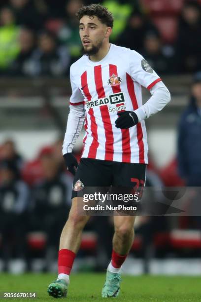 Adil Aouchiche of Sunderland is playing in the Sky Bet Championship match against Leicester City at the Stadium of Light in Sunderland, England, on...