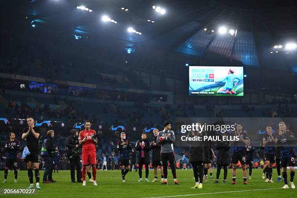 Copenhagen players thank their fans after the UEFA Champions League round of 16, second-leg, football match between Manchester City and FC Copenhagen...