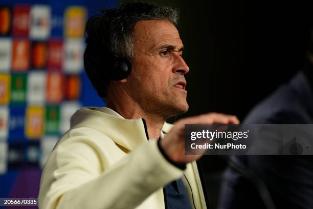 Paris Saint-Germain's Spanish head coach Luis Enrique gives a press conference on the eve of their UEFA Champions League last 16 second leg football...