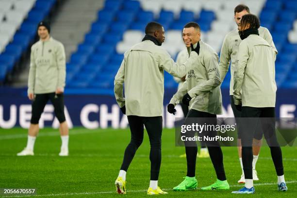 Kylian Mbappe Centre-Forward of PSG and France and Ousmane Dembele Right Winger of PSG and France during the training before UEFA Champions League...