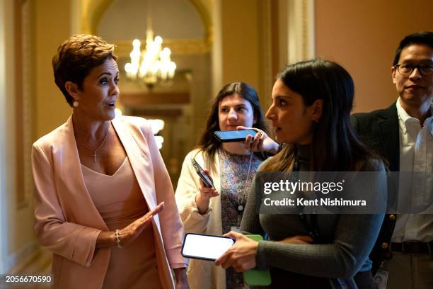 Arizona Republican Senate Candidate Kari Lake speaks with reporters after leaving the office of Senate Minority Leader Mitch McConnell on Capitol...