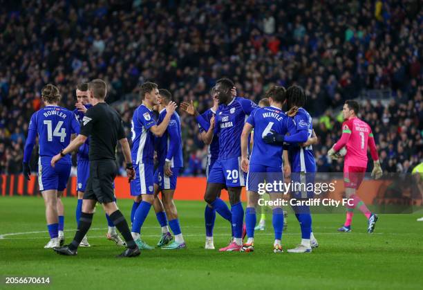 Famara Diedhiou of Cardiff City FC scores against Huddersfield Town during the Sky Bet Championship match between Cardiff City and Huddersfield Town...