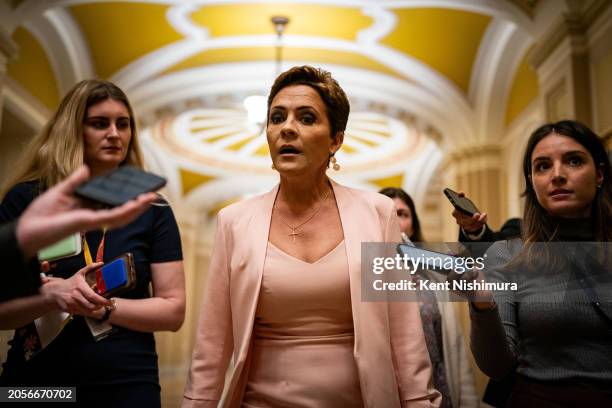 Arizona Republican Senate Candidate Kari Lake speaks with reporters after leaving the office of Senate Minority Leader Mitch McConnell on Capitol...