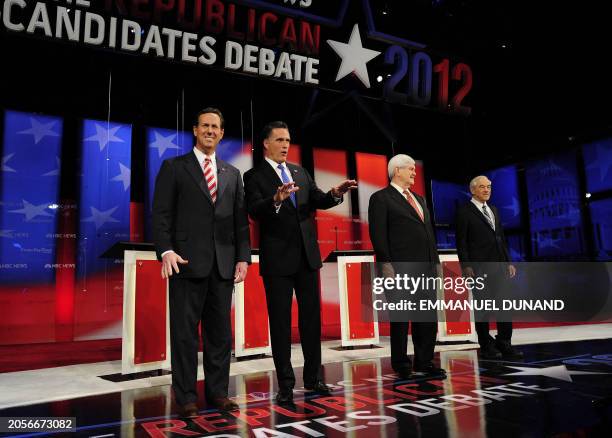 Republican presidential hopefuls Rick Santorum, Mitt Romney, Newt Gingrich and Ron Paul take part in The Republican Presidential Debate at University...