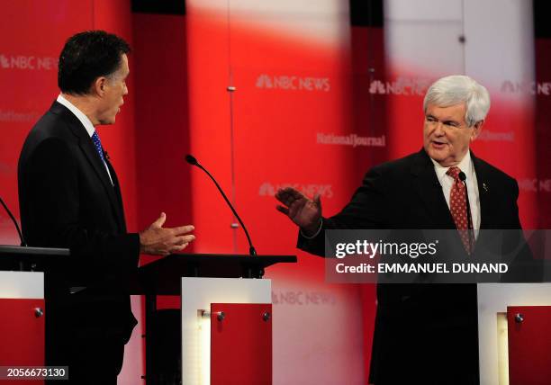 Republican presidential hopefuls Mitt Romney and Newt Gingrich take part in The Republican Presidential Debate at the University of South Florida in...